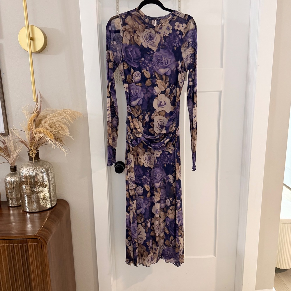 Free People Gianni Maxi Dress Purple Floral Mesh Long Sleeve Ruched Slit XL Boho